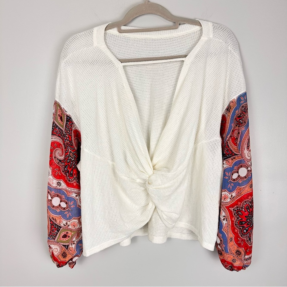 Blu Pepper Waffle Knit Twist Back Top Paisley Billowy Sleeve Sz M Boho Hippie